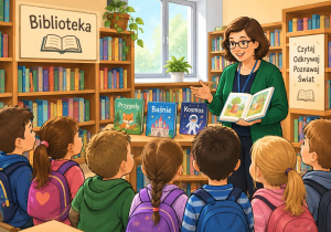 obraz wygenerowany przez SI przedstawiający dzieci w bibliotece