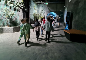 Orientarium. Grupa dzieci podążająca do podwodnego tunelu.