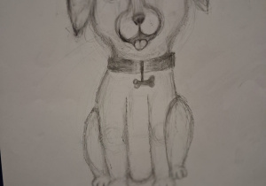 Rysunek pieska wykonany ołówkiem przez ucznia.