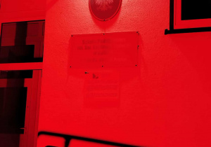 Budynek szkoły Podstawowej w Kalinie rozświetlony na czerwono.