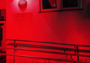 Budynek szkoły Podstawowej w Kalinie rozświetlony na czerwono.