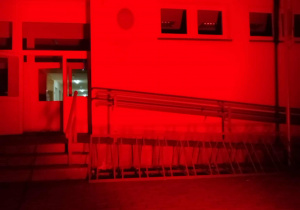 Budynek szkoły Podstawowej w Kalinie rozświetlony na czerwono.