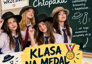 Plakat przedstawiający dziewczynki z datą 30 września oraz podpisami "dzień chłopaka" oraz "klasa na medal".