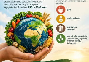 Plakat z wizerunkiem ziemi trzymanej w dłoniach z napisem światowy dzień żywności